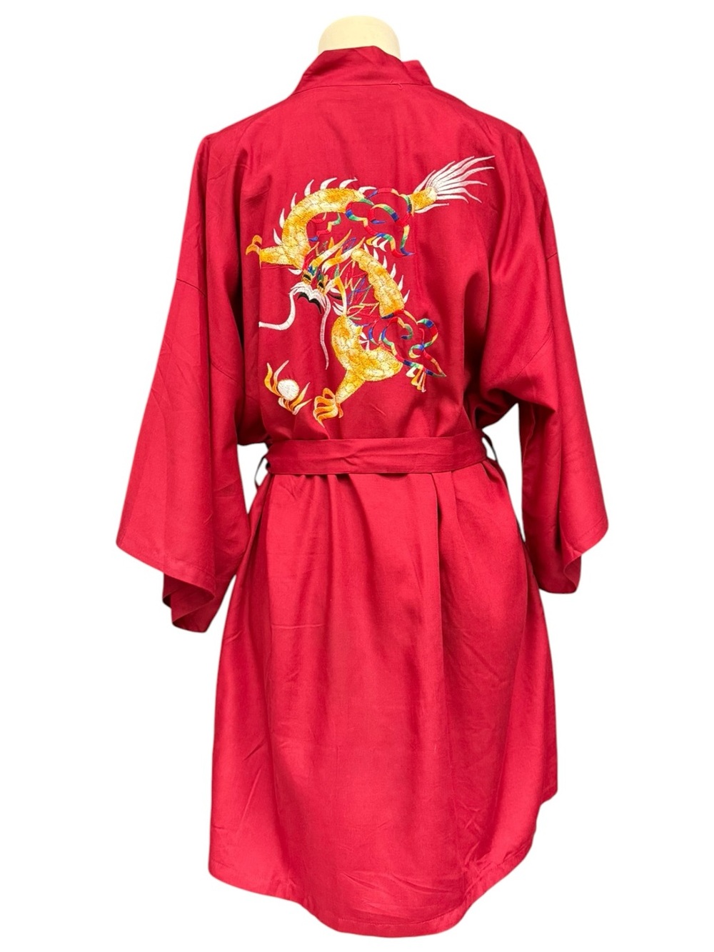 Vintage Red Dragon Embroidered Kimono Robe Belted, Size Large